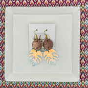 ACRYLIC PALM COLLECTION: MONSTERA PALM-  Leather Earrings  ||  <BR>  SHIMMER VINTAGE PINK, <BR> IRIDESCENT MONSTERA LEAF