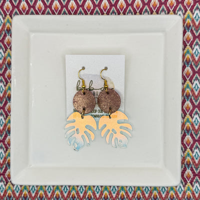 ACRYLIC PALM COLLECTION: MONSTERA PALM-  Leather Earrings  ||  <BR>  SHIMMER VINTAGE PINK, <BR> IRIDESCENT MONSTERA LEAF