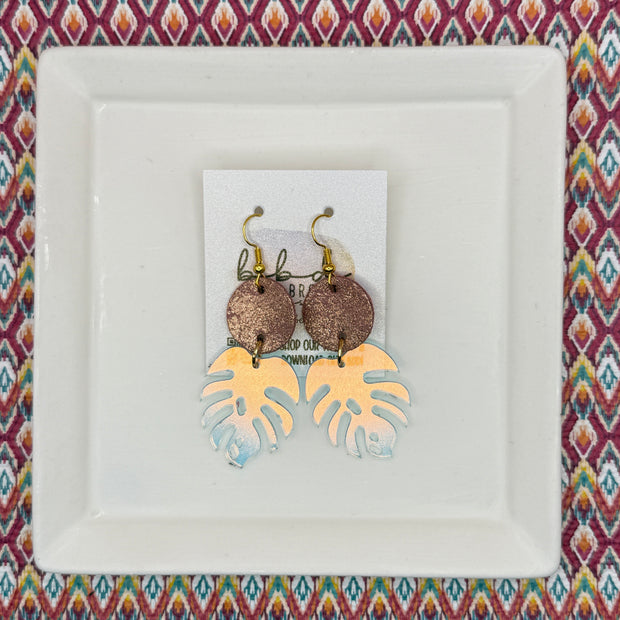 ACRYLIC PALM COLLECTION: MONSTERA PALM-  Leather Earrings  ||  <BR>  SHIMMER VINTAGE PINK, <BR> IRIDESCENT MONSTERA LEAF