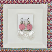 ACRYLIC PALM COLLECTION: MONSTERA PALM-  Leather Earrings  ||  <BR>  MATTE PINK, <BR> CLEAR WITH PINK GLITTER MONSTERA LEAF