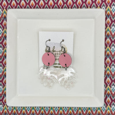 ACRYLIC PALM COLLECTION: MONSTERA PALM-  Leather Earrings  ||  <BR>  MATTE PINK, <BR> CLEAR WITH PINK GLITTER MONSTERA LEAF