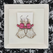 HAND-PAINTED WESTERN GHOST EARRING ||  <br> Wood earrings by Brandy Bell <br> PINK GLITTER HAT