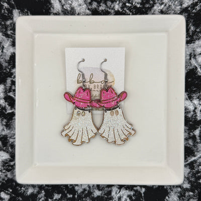 HAND-PAINTED WESTERN GHOST EARRING ||  <br> Wood earrings by Brandy Bell <br> PINK GLITTER HAT