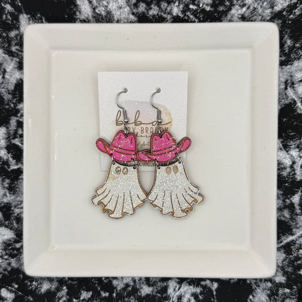 HAND-PAINTED WESTERN GHOST EARRING ||  <br> Wood earrings by Brandy Bell <br> PINK GLITTER HAT