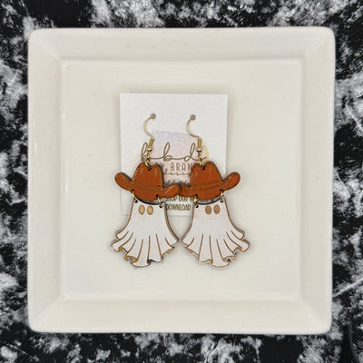 HAND-PAINTED WESTERN GHOST EARRING ||  <br> Wood earrings by Brandy Bell <br> BROWN HAT