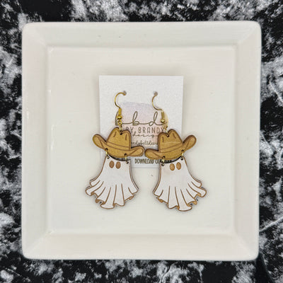 HAND-PAINTED WESTERN GHOST EARRING ||  <br> Wood earrings by Brandy Bell <br> GOLD HAT