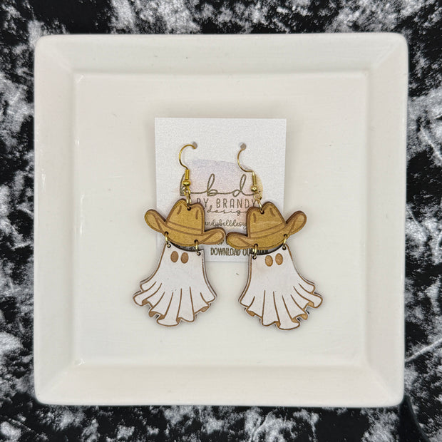 HAND-PAINTED WESTERN GHOST EARRING ||  <br> Wood earrings by Brandy Bell <br> GOLD HAT