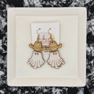 HAND-PAINTED WESTERN GHOST EARRING ||  <br> Wood earrings by Brandy Bell <br> NATURAL + GLITTER HAT