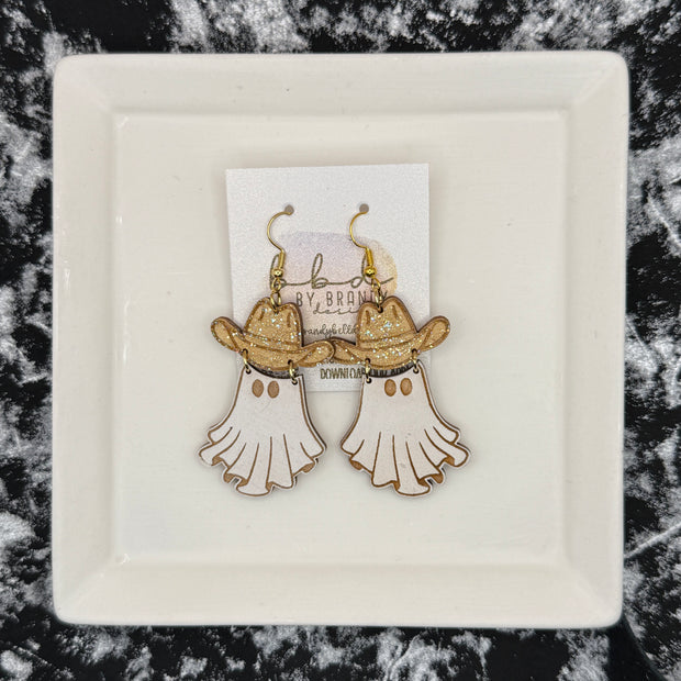 HAND-PAINTED WESTERN GHOST EARRING ||  <br> Wood earrings by Brandy Bell <br> NATURAL + GLITTER HAT