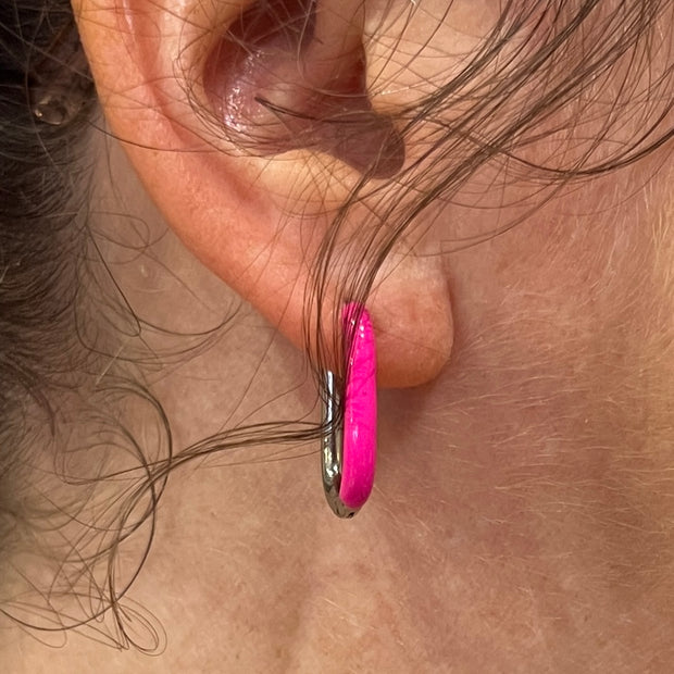 Enamel Stainless Steel Oval Huggie Earring - HOT PINK