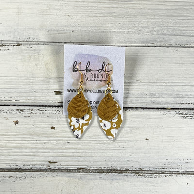 JEAN -  Leather Earrings  ||   <BR> MUSTARD BRAID, <BR> POPPY FLORAL ON MUSTARD