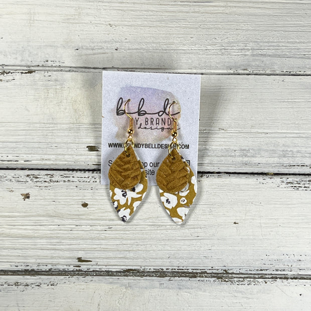 JEAN -  Leather Earrings  ||   <BR> MUSTARD BRAID, <BR> POPPIES FLORAL ON MUSTARD