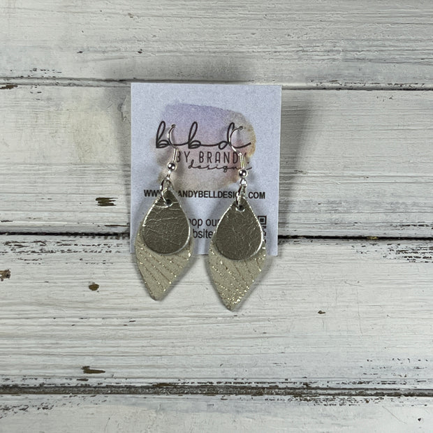 JEAN -  Leather Earrings  ||   <BR> METALLIC CHAMPAGNE SMOOTH, <BR> IVORY & METALLIC GOLD CHINESE FAN