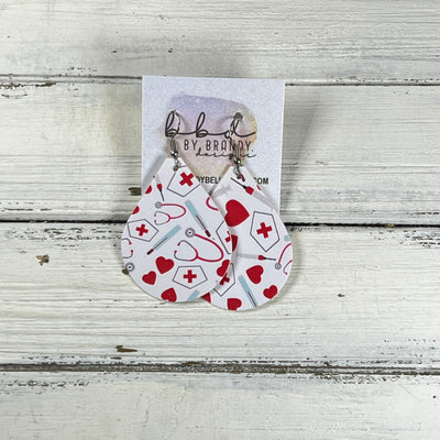 ZOEY (3 sizes available!) - Leather Earrings ||  NURSE PRINT ON WHITE (FAUX LEATHER)