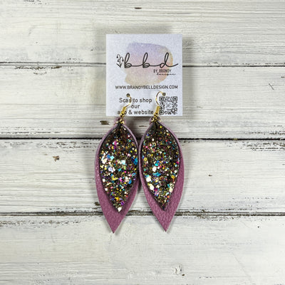 ALLIE -  Leather Earrings  ||   <BR> MIXED GOLD CHUNKY GLITTER (FAUX LEATHER), <BR> MATTE MAUVE