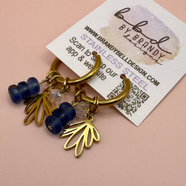 CHARM HOOPS (LARGE)- Stainless Steel ||  BLUE, GOLD LEAVES, CLEAR