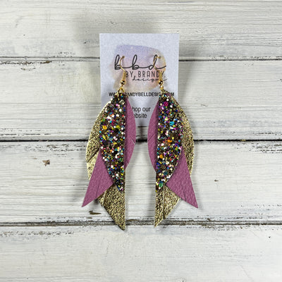 ANDY -  Leather Earrings  ||   <BR> MIXED GOLD CHUNKY GLITTER (FAUX LEATHER), <BR> MATTE MAUVE, <BR> METALLIC GOLD PEBBLED