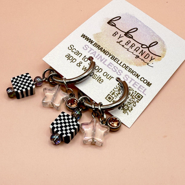 CHARM HOOPS (LARGE)- Stainless Steel || CHECKERED, STAR, PEACH