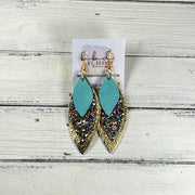 DOROTHY -  Leather Earrings  ||   <BR> BRIGHT AQUA RIVIERA, <BR> MIXED GOLD CHUNKY GLITTER (FAUX LEATHER), <BR> METALLIC GOLD PEBBLED