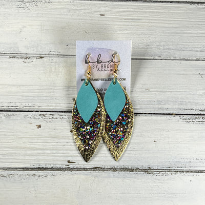 DOROTHY -  Leather Earrings  ||   <BR> BRIGHT AQUA RIVIERA, <BR> MIXED GOLD CHUNKY GLITTER (FAUX LEATHER), <BR> METALLIC GOLD PEBBLED