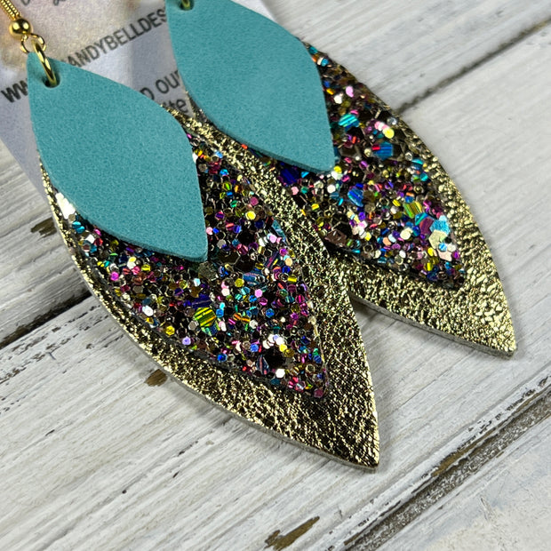 DOROTHY -  Leather Earrings  ||   <BR> BRIGHT AQUA RIVIERA, <BR> MIXED GOLD CHUNKY GLITTER (FAUX LEATHER), <BR> METALLIC GOLD PEBBLED