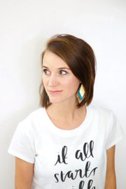 COLLEEN -  Leather Earrings  ||   <BR> TROPICAL FLORAL ON NAVY BLUE, <BR> AQUA PALMS, <BR> MATTE NAVY BLUE