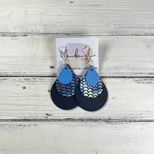 LINDSEY -  Leather Earrings  ||   <BR> PERIWINKLE, <BR> ANTIQUE MERMAID, <BR> MATTE NAVY BLUE