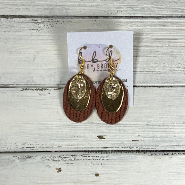 DIANE -  Leather Earrings  ||   <BR>  GOLD GLITTER (FAUX LEATHER), <BR> METALLIC GOLD SMOOTH, <BR> BROWN PALMS