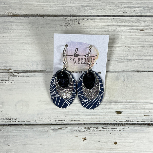 DIANE -  Leather Earrings  ||   <BR> METALLIC NAVY PEBBLED, <BR> METALLIC SILVER SMOOTH, <BR> NAVY BLUE WITH SILVER CHINESE FANS