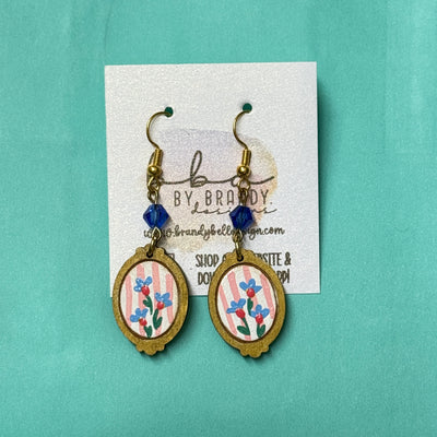 HAND-PAINTED CAMEO EARRING ||  <br> Wood earrings by Brandy Bell <br> BLUE FLORAL + PINK STRIPE