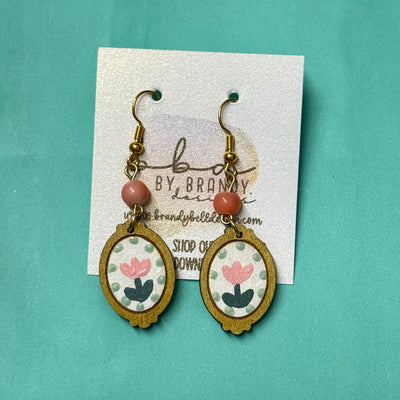 HAND-PAINTED CAMEO EARRING ||  <br> Wood earrings by Brandy Bell <br> BLUSH FLORAL + SAGE DOTS