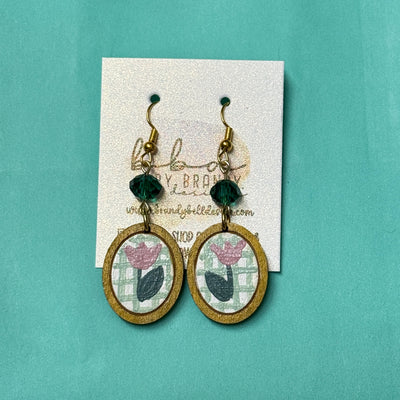HAND-PAINTED CAMEO EARRING ||  <br> Wood earrings by Brandy Bell <br> BLUSH TULIP + SAGE PLAID