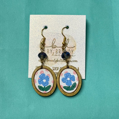 HAND-PAINTED CAMEO EARRING ||  <br> Wood earrings by Brandy Bell <br> BLUE FLORAL + PINK POLKADOTS