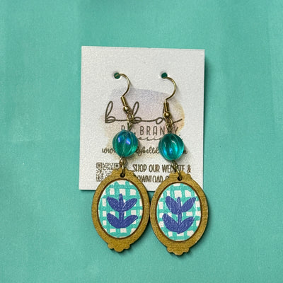 HAND-PAINTED CAMEO EARRING ||  <br> Wood earrings by Brandy Bell <br> PURPLE LEAVES + GREEN PLAID