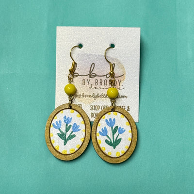 HAND-PAINTED CAMEO EARRING ||  <br> Wood earrings by Brandy Bell <br> BLUE FLORAL + YELLOW POLKADOTS