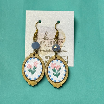 HAND-PAINTED CAMEO EARRING ||  <br> Wood earrings by Brandy Bell <br> PINK FLORAL + BLUE POLKADOTS