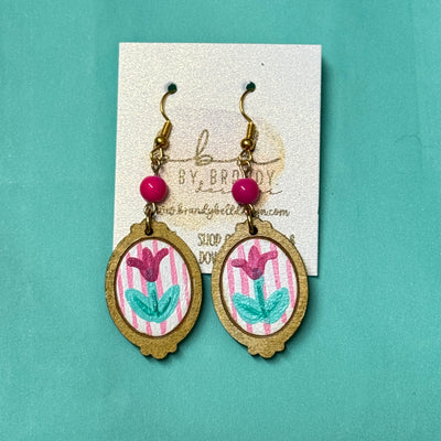 HAND-PAINTED CAMEO EARRING ||  <br> Wood earrings by Brandy Bell <br> PINK FLORAL + PINK STRIPES