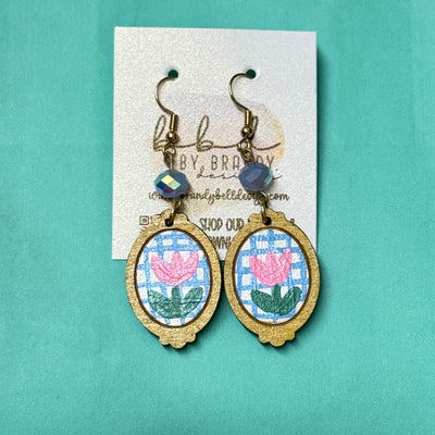 HAND-PAINTED CAMEO EARRING ||  <br> Wood earrings by Brandy Bell <br> PINK FLORAL + BLUE PLAID