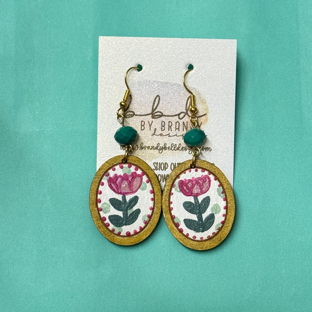 HAND-PAINTED CAMEO EARRING ||  <br> Wood earrings by Brandy Bell <br> PINK FLORAL + SAGE POLKADOTS