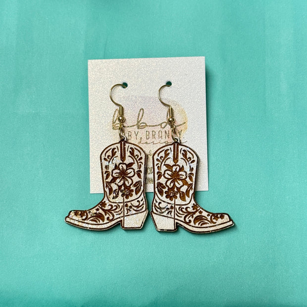 HAND-PAINTED WOODEN BOOTS (SMALL) ||  <br> Hand-painted earrings by Brandy Bell <br> WHITE + GLITTER BOOTS