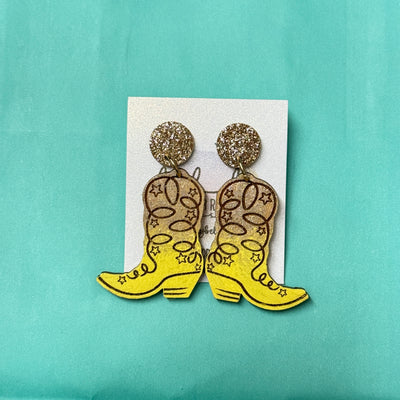 HAND-PAINTED WOODEN BOOTS (SMALL) ||  <br> Hand-painted earrings by Brandy Bell <br> GOLD Glitter studs + GOLD & YELLOW BOOTS