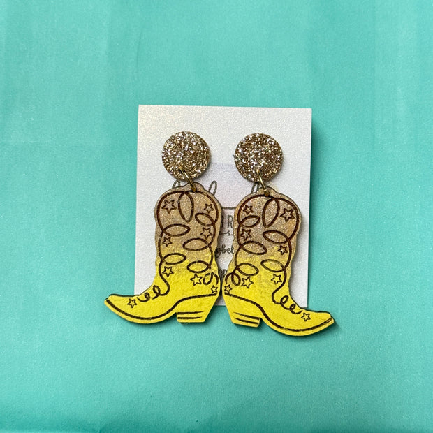 HAND-PAINTED WOODEN BOOTS (SMALL) ||  <br> Hand-painted earrings by Brandy Bell <br> GOLD Glitter studs + GOLD & YELLOW BOOTS