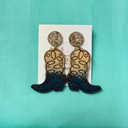 HAND-PAINTED WOODEN BOOTS (SMALL) ||  <br> Hand-painted earrings by Brandy Bell <br> GOLD Glitter studs + GOLD & NAVY BOOTS