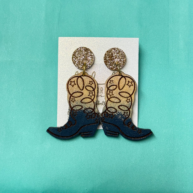 HAND-PAINTED WOODEN BOOTS (SMALL) ||  <br> Hand-painted earrings by Brandy Bell <br> GOLD Glitter studs + GOLD & NAVY BOOTS