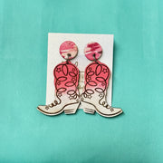 HAND-PAINTED WOODEN BOOTS (SMALL) ||  <br> Hand-painted earrings by Brandy Bell <br> PINK studs + PINK & WHITE BOOTS