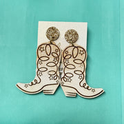 HAND-PAINTED WOODEN BOOTS (LARGE) ||  <br> Hand-painted earrings by Brandy Bell <br> GOLD Glitter studs + GOLD & WHITE BOOTS