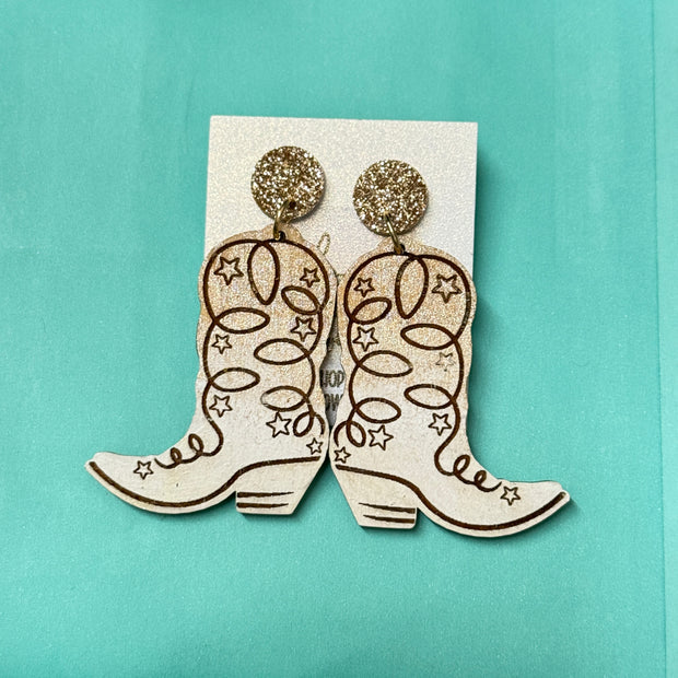 HAND-PAINTED WOODEN BOOTS (LARGE) ||  <br> Hand-painted earrings by Brandy Bell <br> GOLD Glitter studs + GOLD & WHITE BOOTS