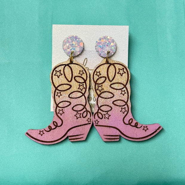 HAND-PAINTED WOODEN BOOTS (LARGE) ||  <br> Hand-painted earrings by Brandy Bell <br> IRIDESCENT Glitter studs + GOLD & MAUVE BOOTS