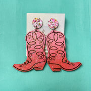 HAND-PAINTED WOODEN BOOTS (LARGE) ||  <br> Hand-painted earrings by Brandy Bell <br> TAFFY PINK Glitter studs + PINK & CORAL BOOTS