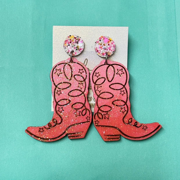 HAND-PAINTED WOODEN BOOTS (LARGE) ||  <br> Hand-painted earrings by Brandy Bell <br> TAFFY PINK Glitter studs + PINK & CORAL BOOTS